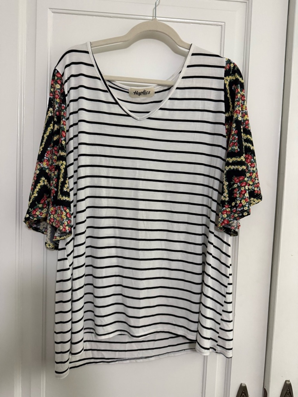 Haptics Women's White & Black Striped V-Neck Top with Floral Short Sleeves